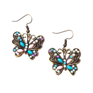 Butterfly Earrings Dangle Colorful Earrings Butterflies Antique Gold Funky Vibe